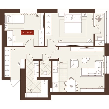 Планировка 3-комн 74,32 м²