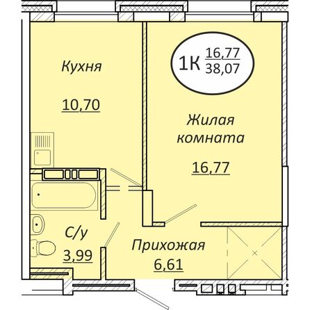 Планировка 1-комн 38,07 м²