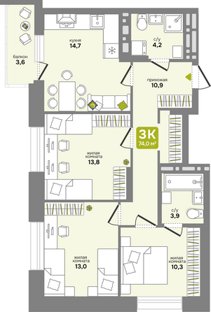 Планировка 3-комн 74, 74,3 м²