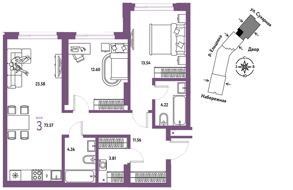 Планировка 3-комн 73,57, 74,51 м²