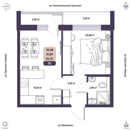 Планировка 1-комн 34,72, 34,76 м²