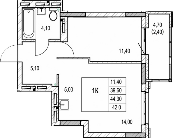 Планировка 1-комн 39,6, 39,7 м²