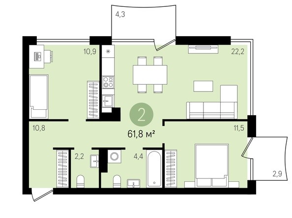 Планировка 2-комнатной квартиры 68,7 кв.м