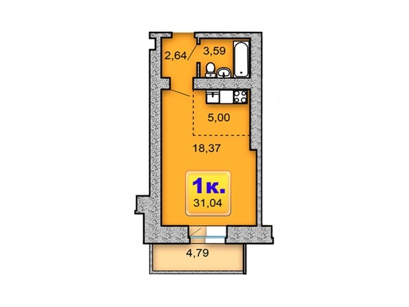 Планировка 1-комнатной квартиры с 31,04 кв.м