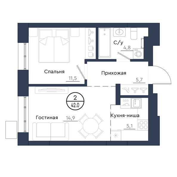Планировка 2-комн 42 м²