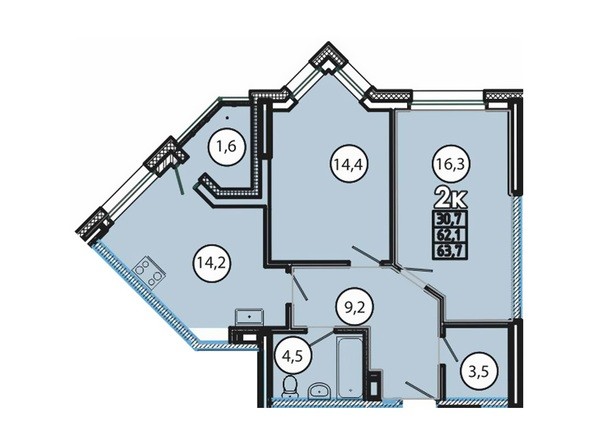 Планировка двухкомнатной квартиры 63,7 кв.м