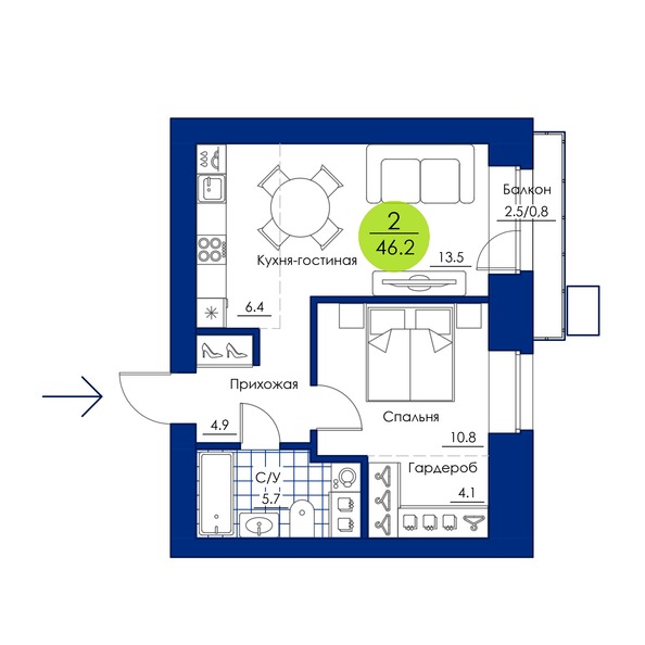 Планировка 2-комн 46,2 м²