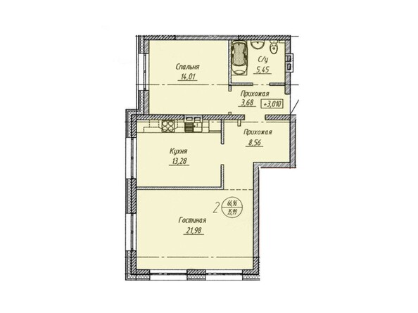 Планировка 2-комнатной квартиры 66,86 кв.м