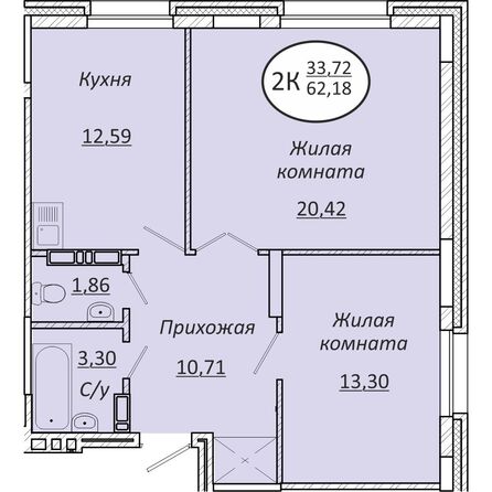 Планировка 2-комн 62,18 м²