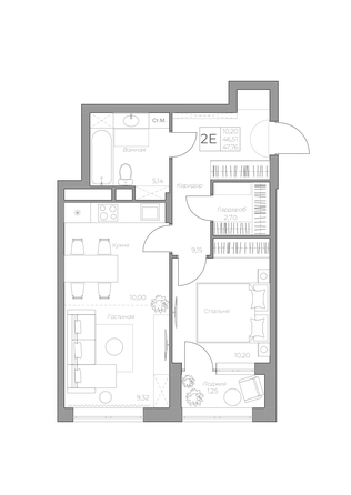 Планировка 2-комн 48,52 - 49,77 м²