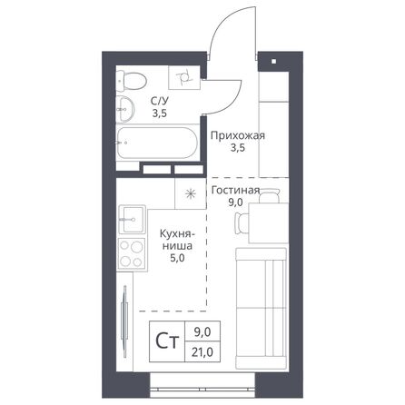 Планировка Студия 21 м²