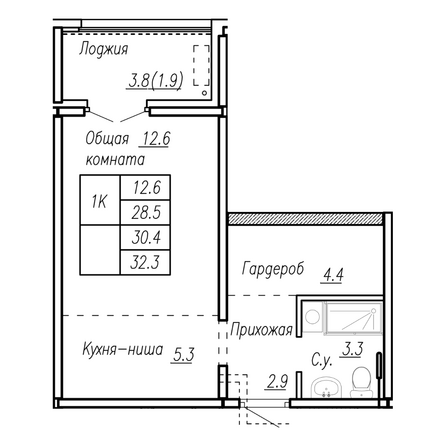 Планировка 1-комн 30,4 м²