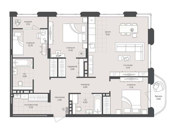 Планировка 3-комн 95,03 м²