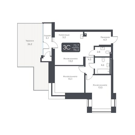 Планировка 3-комн 75,7 м²