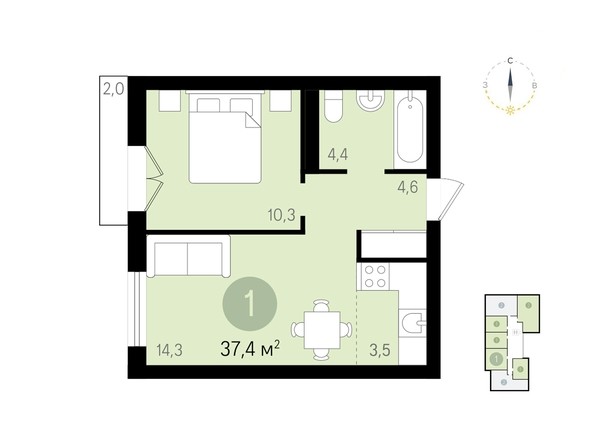 Планировка 1-комнатной квартиры 37,4 кв.м