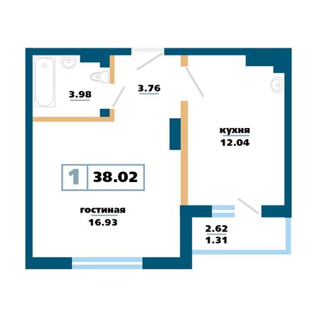 Планировка 1-комн 38,02 м²