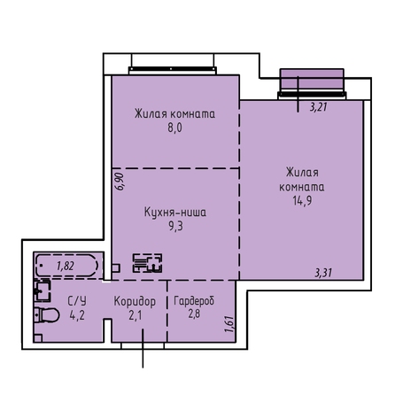 Планировка 2-комн 39,6 - 42 м²