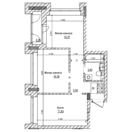Планировка 2-комн 41,9 м²