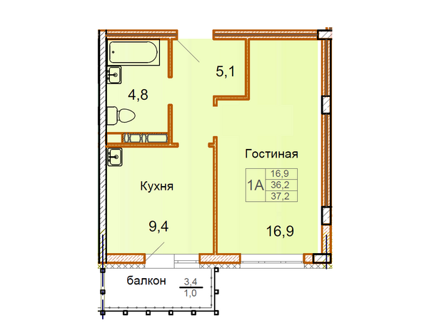 Планировка 1-комн 37,2 м²