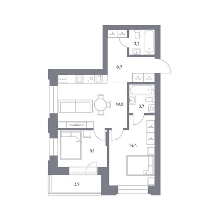 Планировка 2-комн 60,8, 61,2 м²