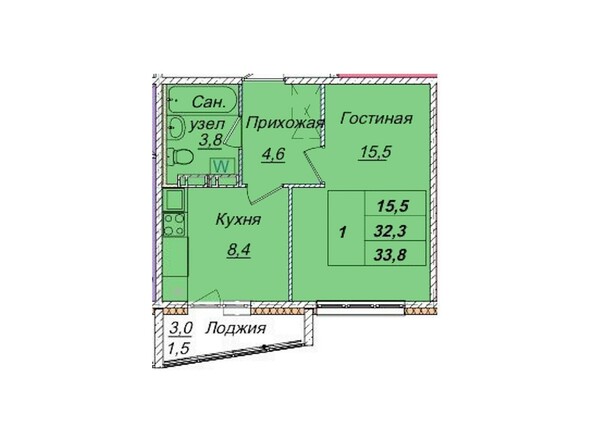 Планировка однокомнатной квартиры 33- 33,8 кв.м
