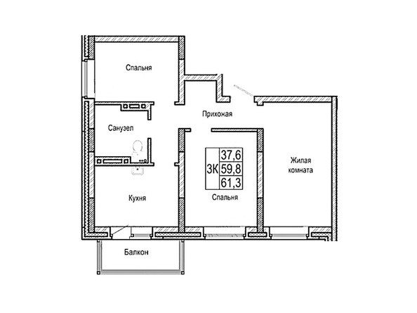 Планировка трехкомнатной квартиры 61,3 кв.м