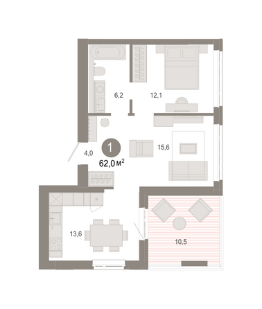 Планировка 1-комн 61,97, 62,27 м²