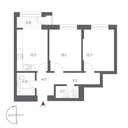 Планировка 2-комн 57,4, 57,6 м²