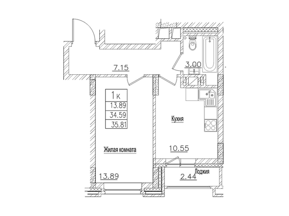 Планировка 1-комн 34,5, 35,81 м²