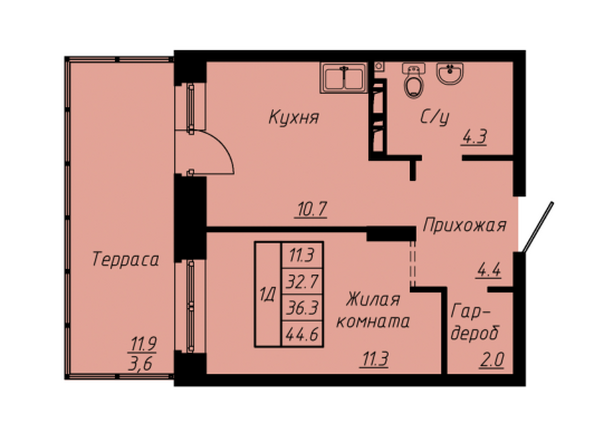 Планировка 1-комн 36,3 м²