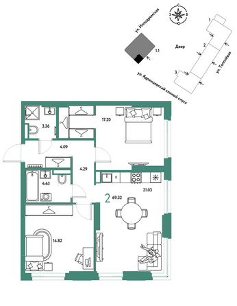 Планировка 2-комн 69,32 - 70,35 м²
