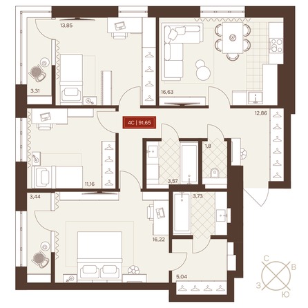 Планировка 4-комн 91,6, 91,66 м²