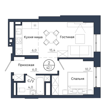 Планировка 2-комн 42,1 м²