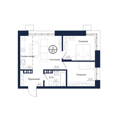 Планировка 3-комн 53,5 м²