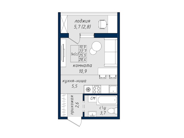 Планировка 1-комн 25,5, 28,4 м²