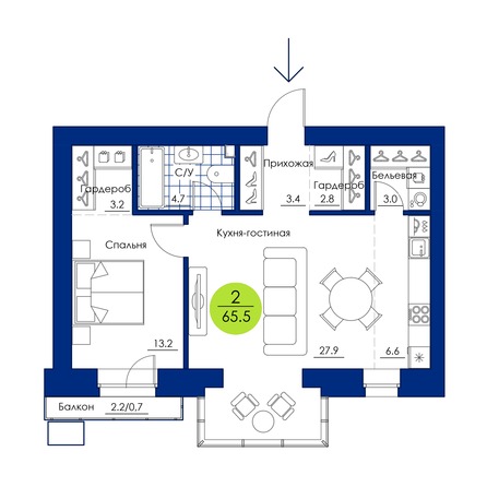 Планировка 2-комн 65,5 м²