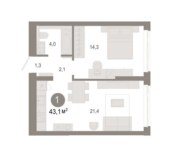 Планировка 1-комн 43,14 - 43,17 м²