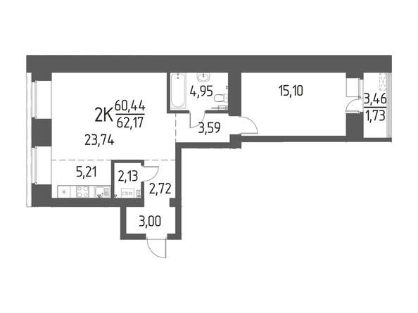 Планировка 2-комн 62,17 м²