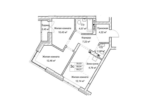 Планировка трехкомнатной квартиры 58 кв.м