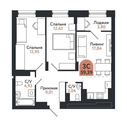 Планировка 3-комн 58,81 - 59,39 м²