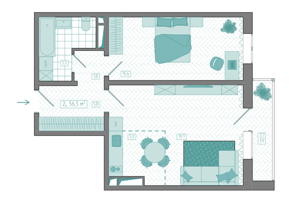 Планировка 2-комн 56,3 м²