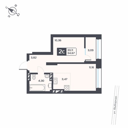 Планировка 2-комн 34,66 м²