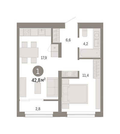 Планировка 1-комн 42,83 м²