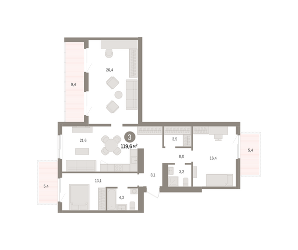 Планировка 3-комн 119,63 м²