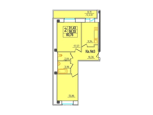 Планировка 2-комнатной квартиры, 60,76 кв.м
