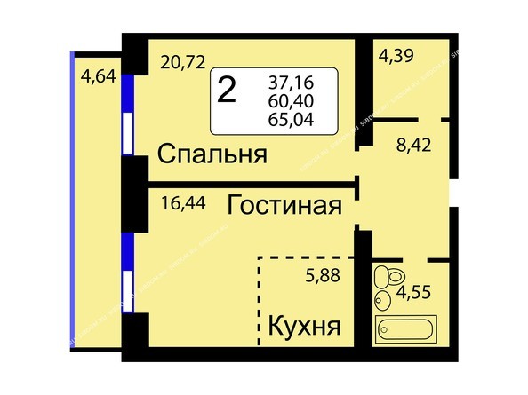 Б/С - 14. Планировка двухкомнатной квартиры 65,04 кв.м. Этажи 1-9.