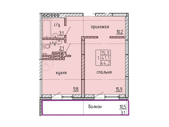 Планировка 1-комн 44, 44,2 м²