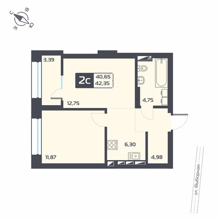 Планировка 2-комн 42,35 м²