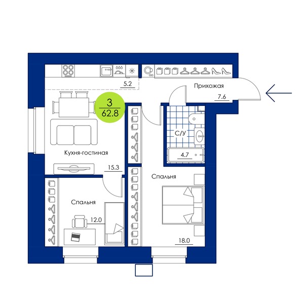 Планировка 3-комн 62,8 м²
