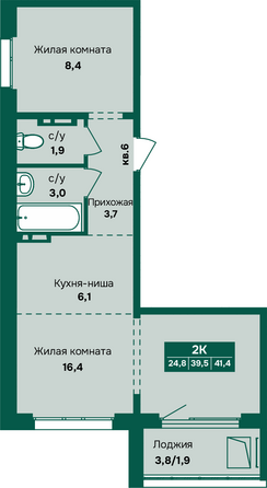 Планировка 2-комн 41,4 м²